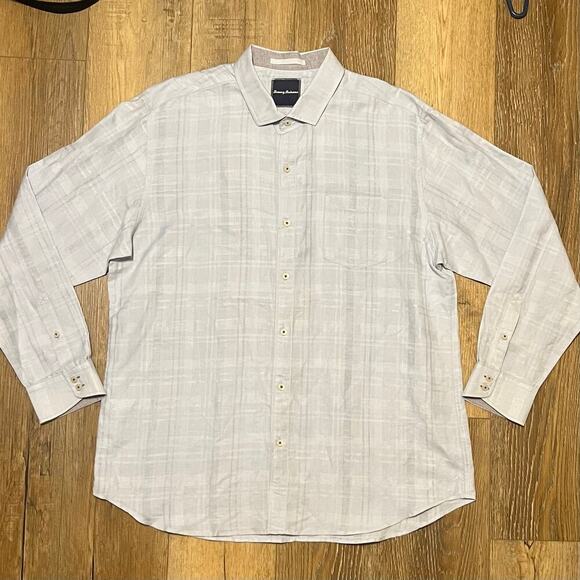 Tommy Bahama Linen Textured Long Sleeve Button Up Plaid Check Shirt Men XL Gray - Picture 1 of 7